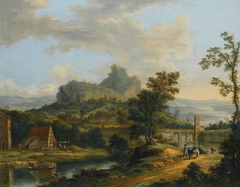 Johann Christian Vollerdt - Paesaggio fluviale con viandanti che riposano su un sentiero, un ponte fortificato e un villaggio